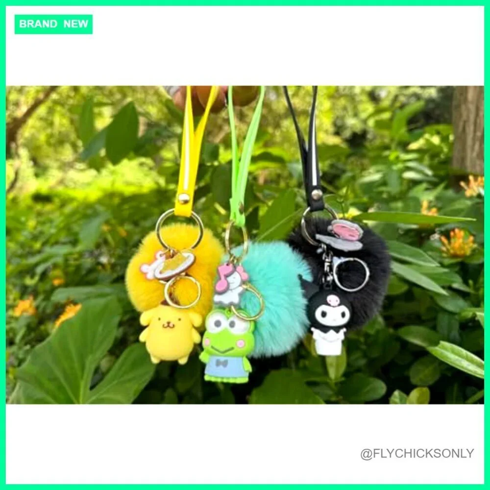 Pom Pom Keychain with PVC Pendant and Wrist Strap